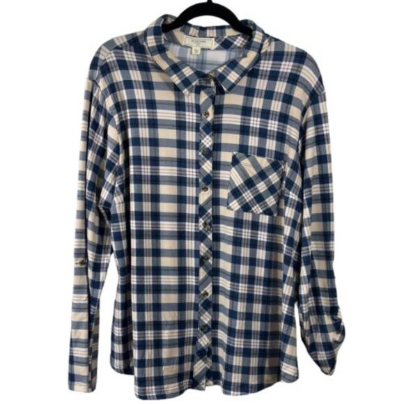 No Comment Juniors Plus 3X Plaid Button Down Long Sleeve Shirt Blue‎ Beige - Picture 1 of 5